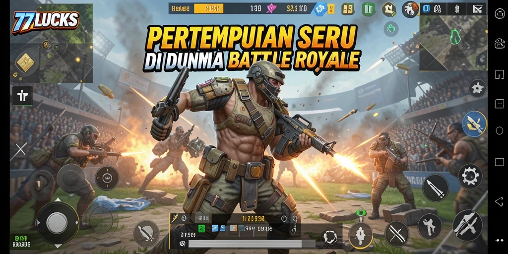 Screenshot gameplay 77LUCKS menampilkan pertempuran intens dalam mode Battle Royale.