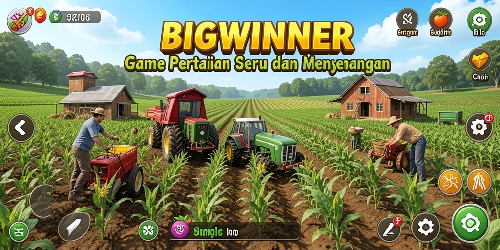 Tangkapan layar gameplay BIGWINNER yang menunjukkan aktivitas pertanian yang mengasyikkan.