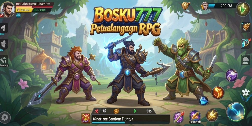Tampilan gameplay BOSKU777 dengan karakter berpetualang di dunia RPG yang memukau.