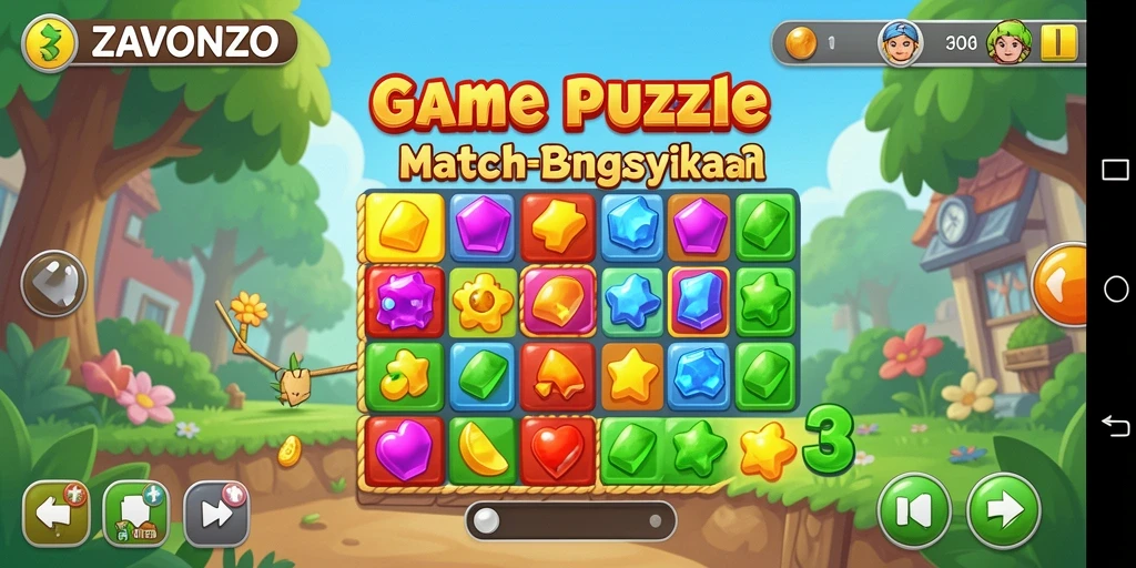 Screenshot ZAVONZO menampilkan gameplay Match-3 yang seru dan colorful.
